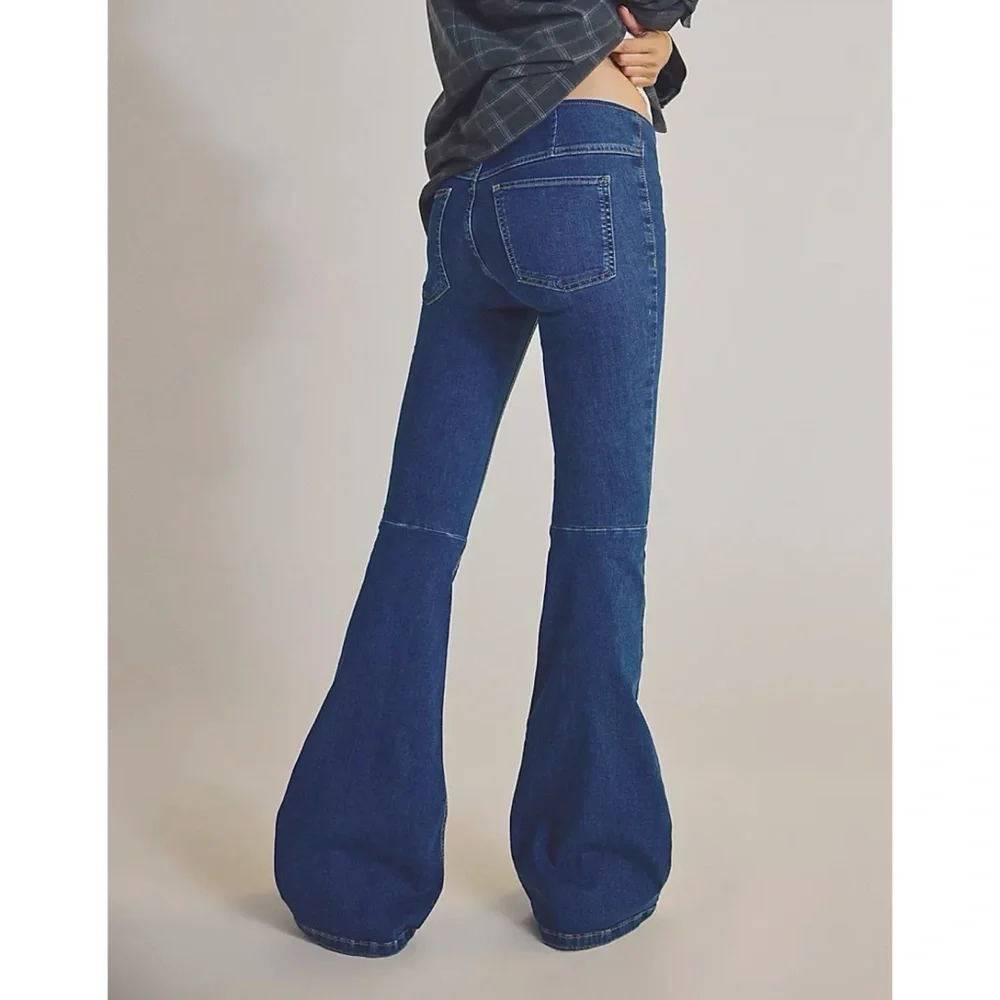 Free People Penny Pull On Jeans blue denim faded flare wide leg stretchy
